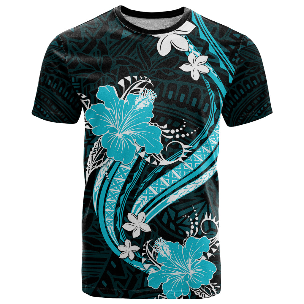 Aqua Polynesian Pattern With Tropical Flowers T Shirt LT05 Aqua - Polynesian Pride
