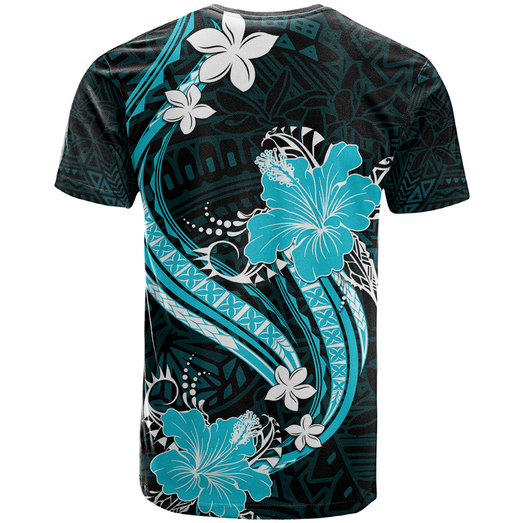 Aqua Polynesian Pattern With Tropical Flowers T Shirt LT05 - Polynesian Pride