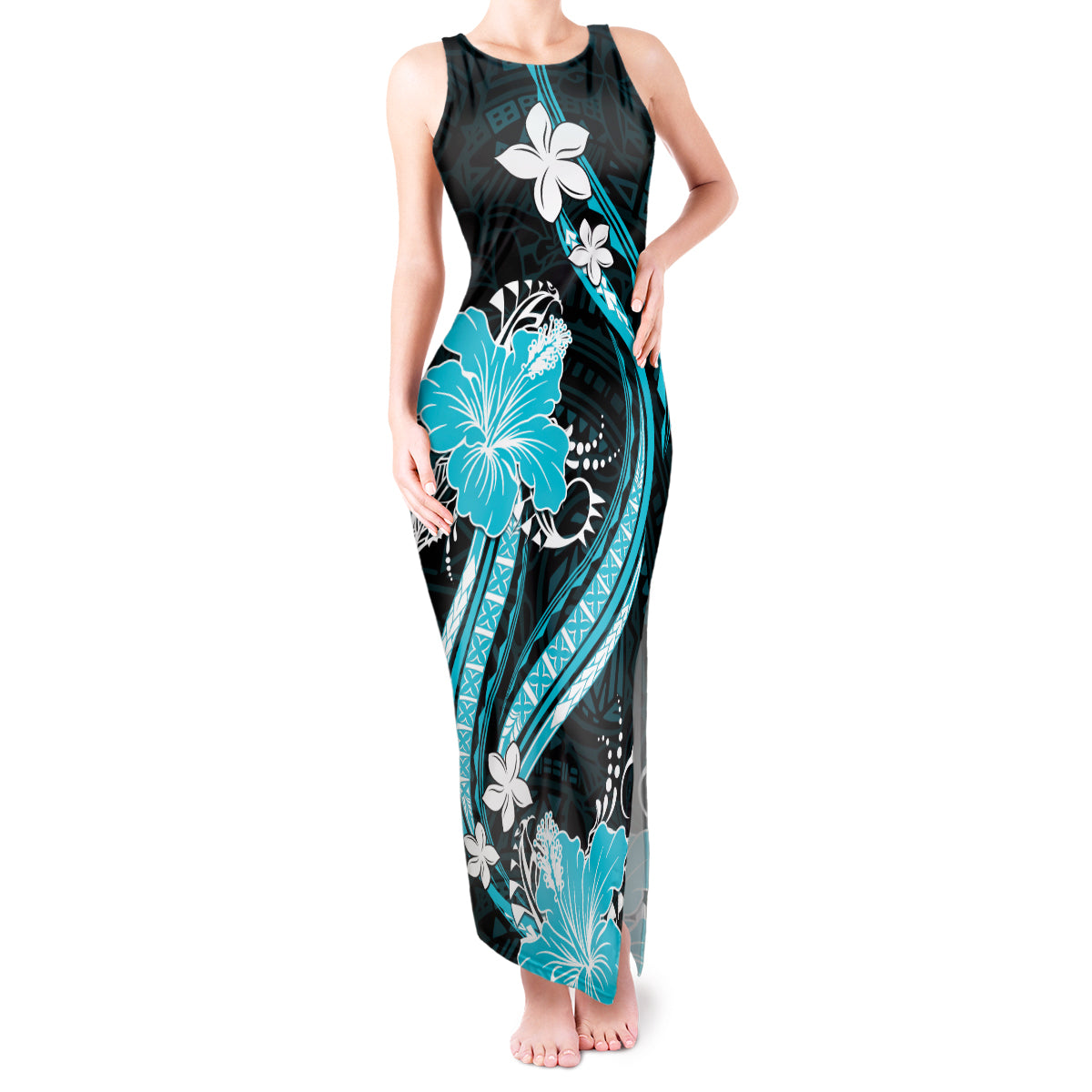 Aqua Polynesian Pattern With Tropical Flowers Tank Maxi Dress LT05 Women Aqua - Polynesian Pride