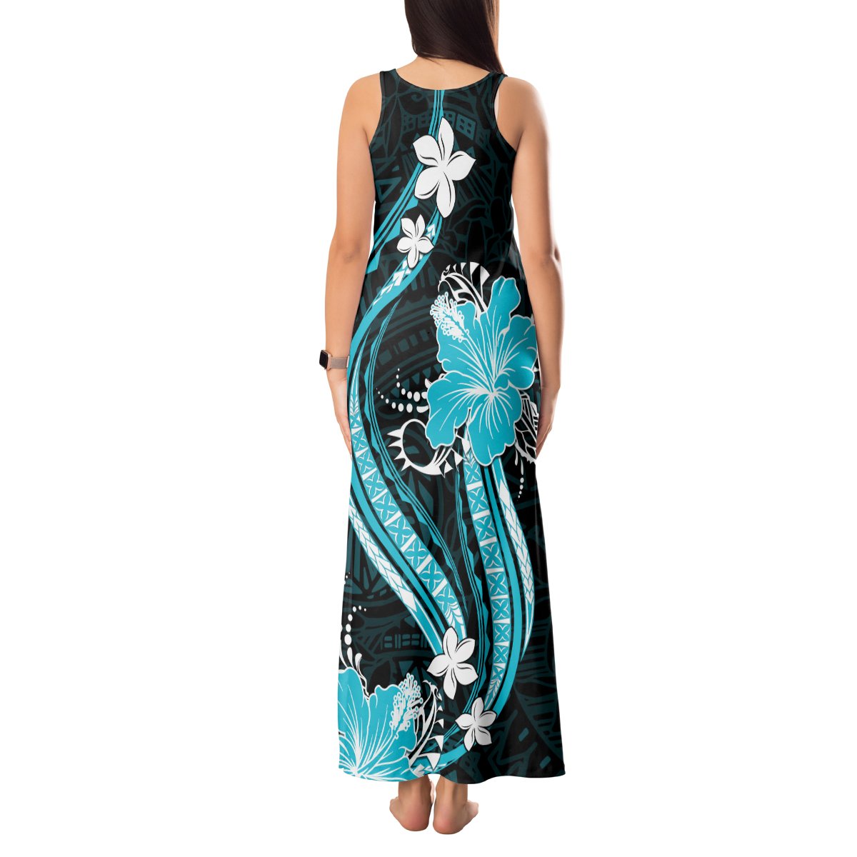 Aqua Polynesian Pattern With Tropical Flowers Tank Maxi Dress LT05 - Polynesian Pride