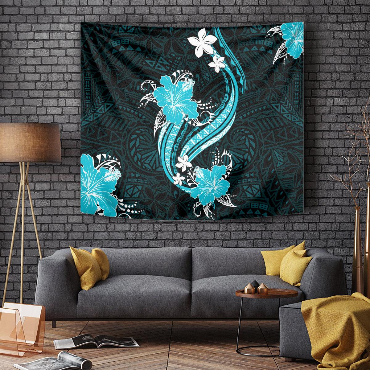 Aqua Polynesian Pattern With Tropical Flowers Tapestry LT05 Aqua - Polynesian Pride