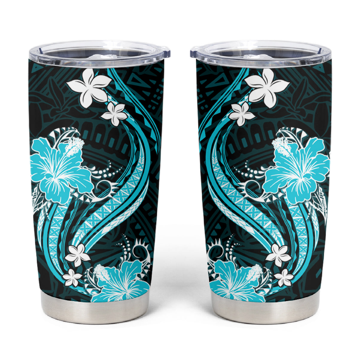 Aqua Polynesian Pattern With Tropical Flowers Tumbler Cup