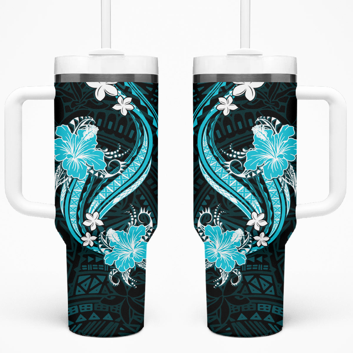 Aqua Polynesian Pattern With Tropical Flowers Tumbler With Handle