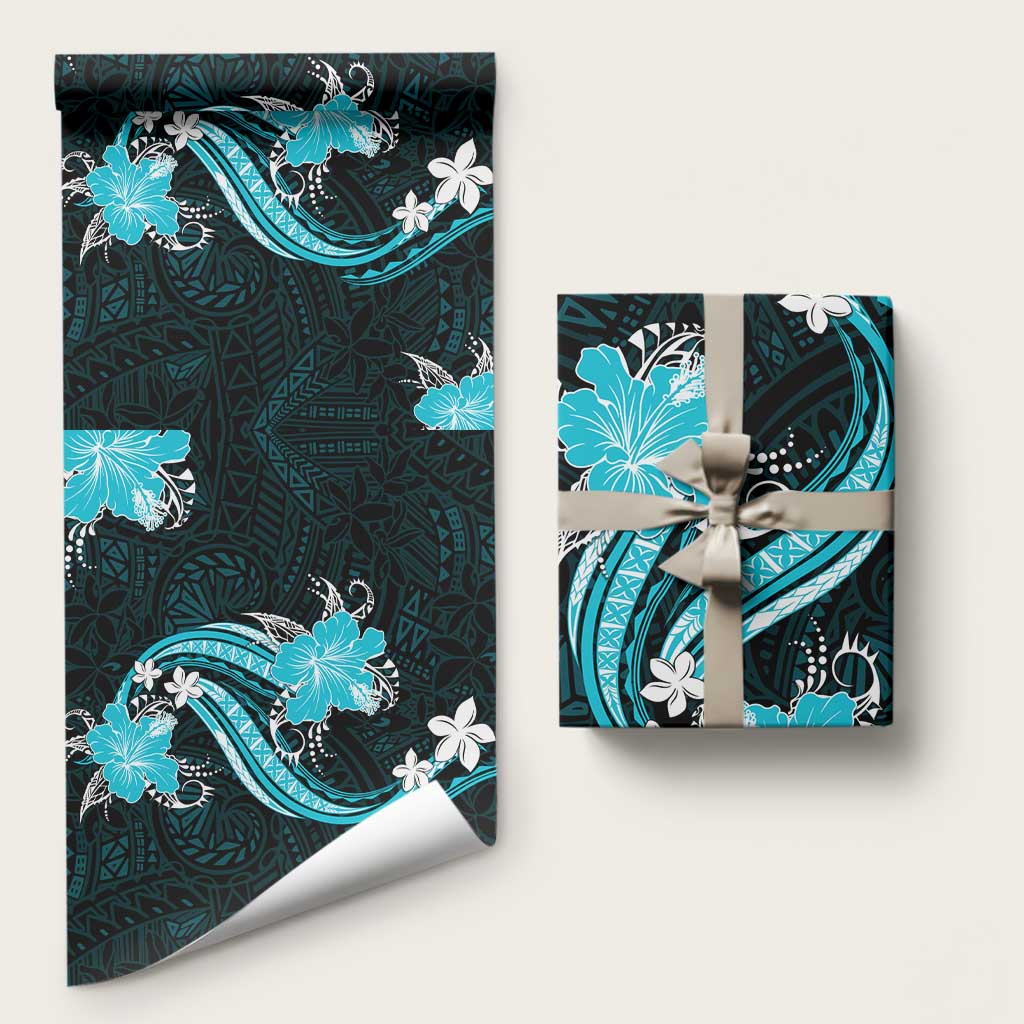 Aqua Polynesian Pattern With Tropical Flowers Wrapping Paper LT05 58" × 23" Aqua - Polynesian Pride