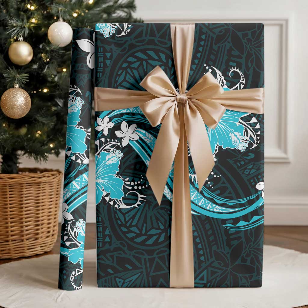 Aqua Polynesian Pattern With Tropical Flowers Wrapping Paper LT05 - Polynesian Pride