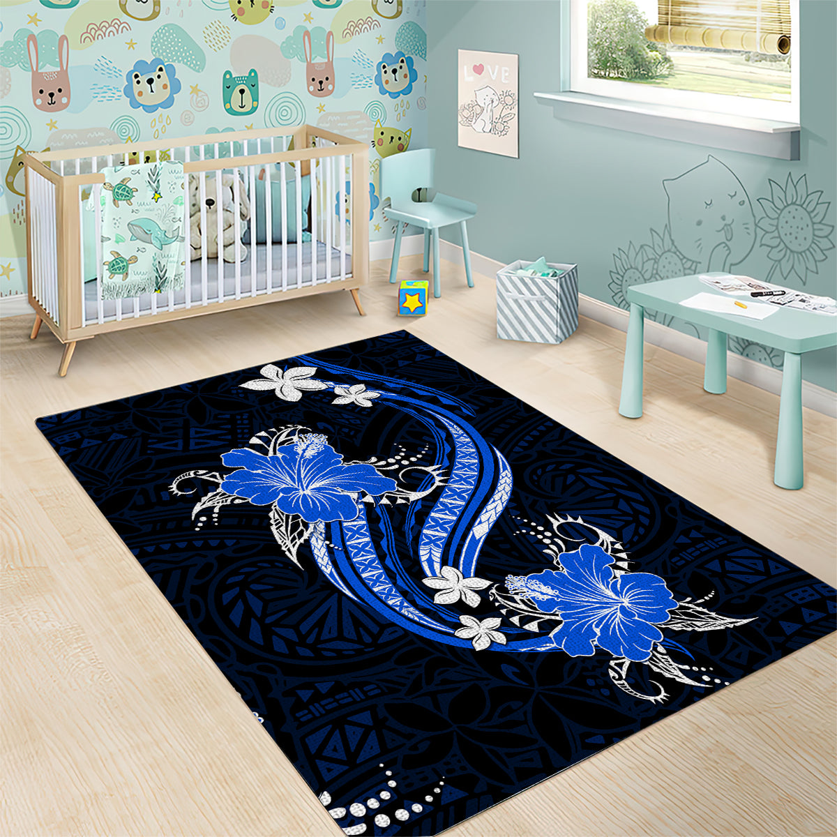 Blue Polynesian Pattern With Tropical Flowers Area Rug LT05 - Polynesian Pride