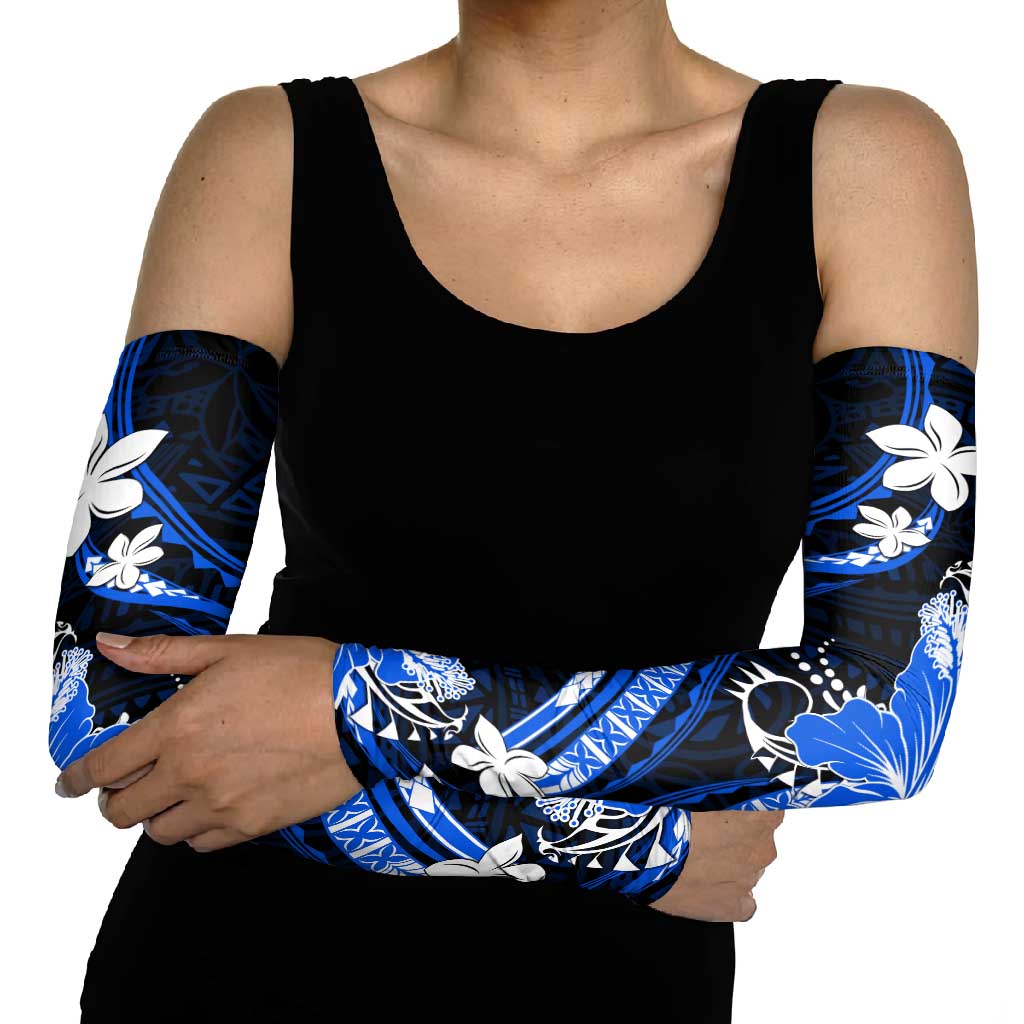 Blue Polynesian Pattern With Tropical Flowers Arm Sleeves LT05 - Polynesian Pride