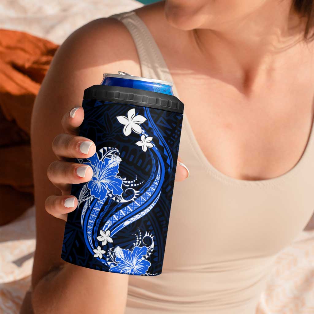 Blue Polynesian Pattern With Tropical Flowers 4 in 1 Can Cooler Tumbler
