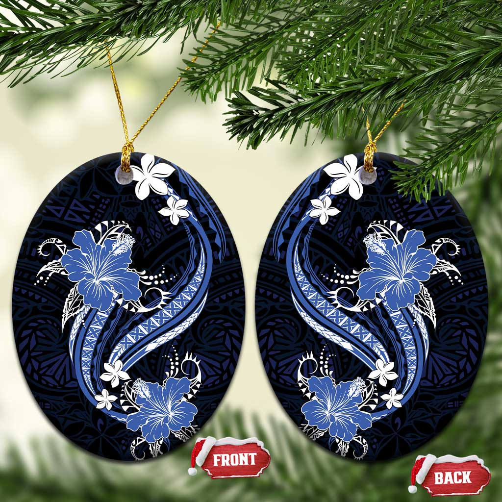 Blue Polynesian Pattern With Tropical Flowers Ceramic Ornament LT05 Oval Blue - Polynesian Pride