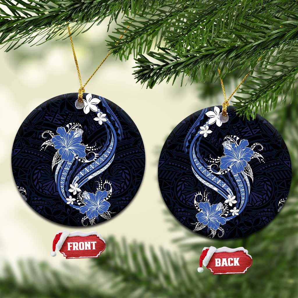 Blue Polynesian Pattern With Tropical Flowers Ceramic Ornament LT05 Circle Blue - Polynesian Pride