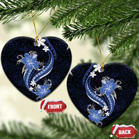Blue Polynesian Pattern With Tropical Flowers Ceramic Ornament LT05 Heart Blue - Polynesian Pride