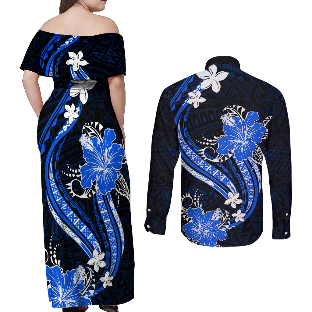 Blue Polynesian Pattern With Tropical Flowers Couples Matching Off Shoulder Maxi Dress and Long Sleeve Button Shirt LT05 - Polynesian Pride