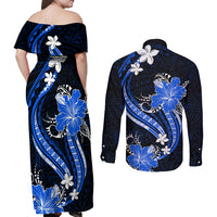 Blue Polynesian Pattern With Tropical Flowers Couples Matching Off Shoulder Maxi Dress and Long Sleeve Button Shirt LT05 - Polynesian Pride