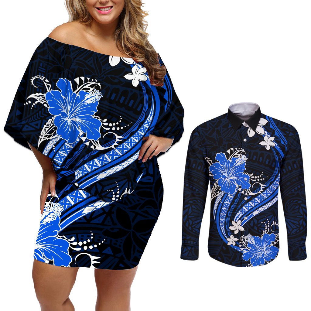 Blue Polynesian Pattern With Tropical Flowers Couples Matching Off Shoulder Short Dress and Long Sleeve Button Shirt LT05 Blue - Polynesian Pride
