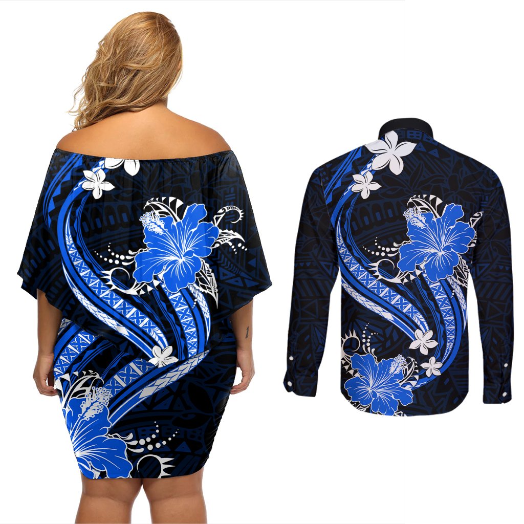 Blue Polynesian Pattern With Tropical Flowers Couples Matching Off Shoulder Short Dress and Long Sleeve Button Shirt LT05 - Polynesian Pride