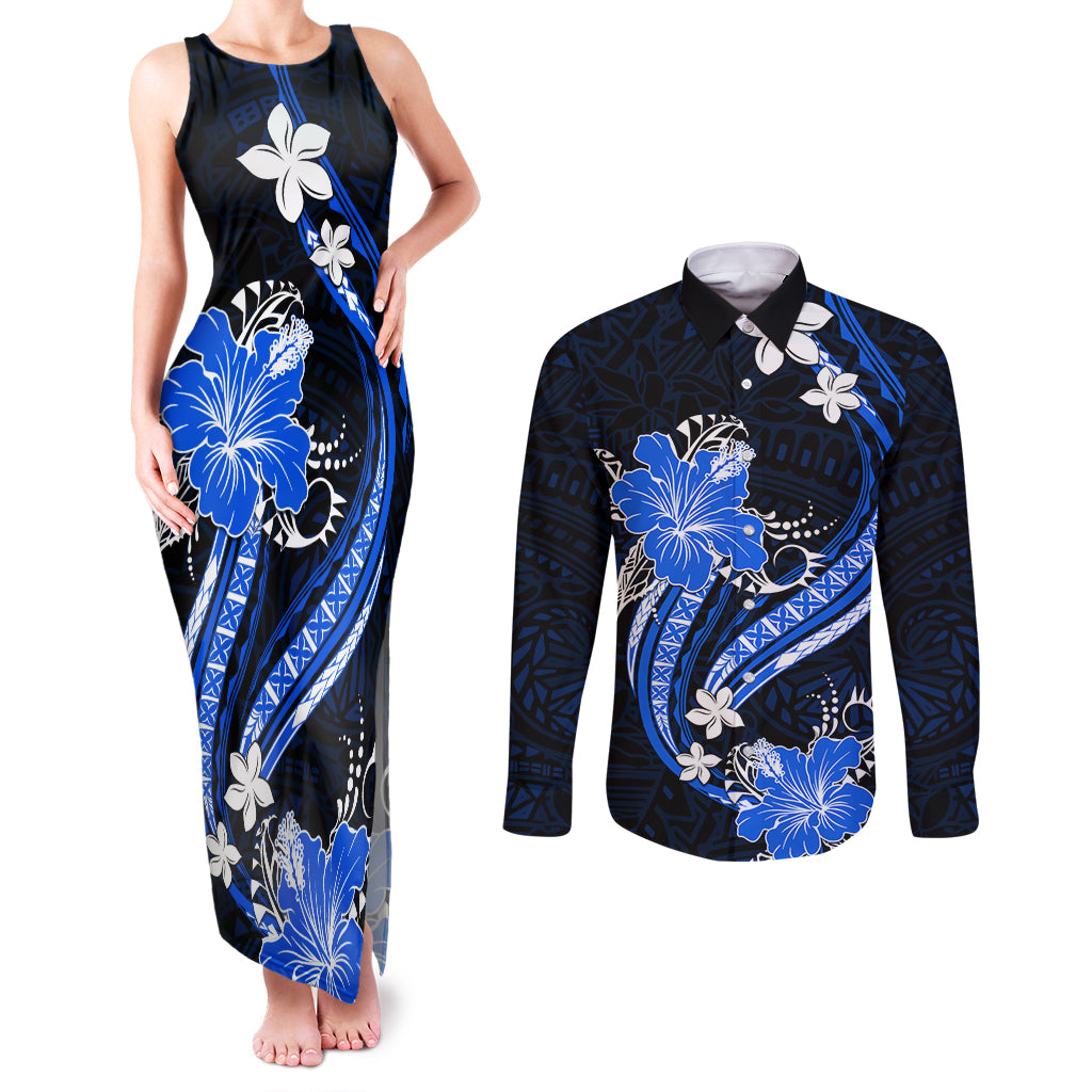 Blue Polynesian Pattern With Tropical Flowers Couples Matching Tank Maxi Dress and Long Sleeve Button Shirt LT05 Blue - Polynesian Pride