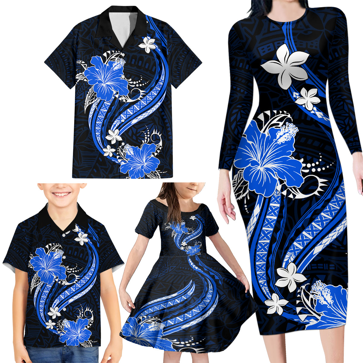 Blue Polynesian Pattern With Tropical Flowers Family Matching Long Sleeve Bodycon Dress and Hawaiian Shirt LT05 - Polynesian Pride