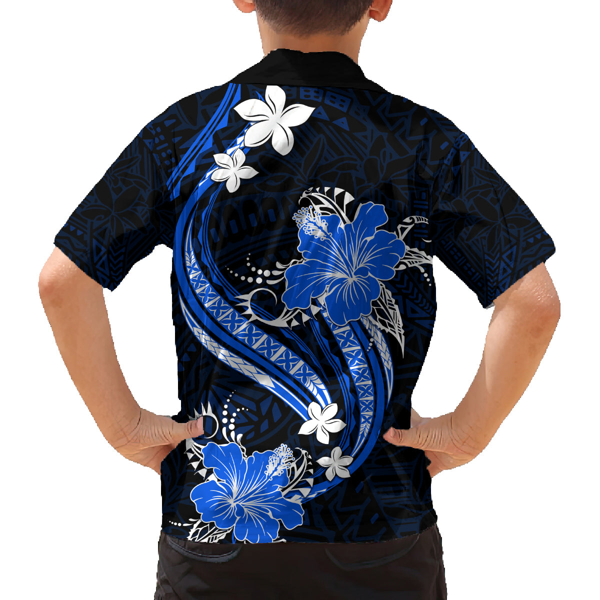 Blue Polynesian Pattern With Tropical Flowers Family Matching Off Shoulder Long Sleeve Dress and Hawaiian Shirt LT05 - Polynesian Pride