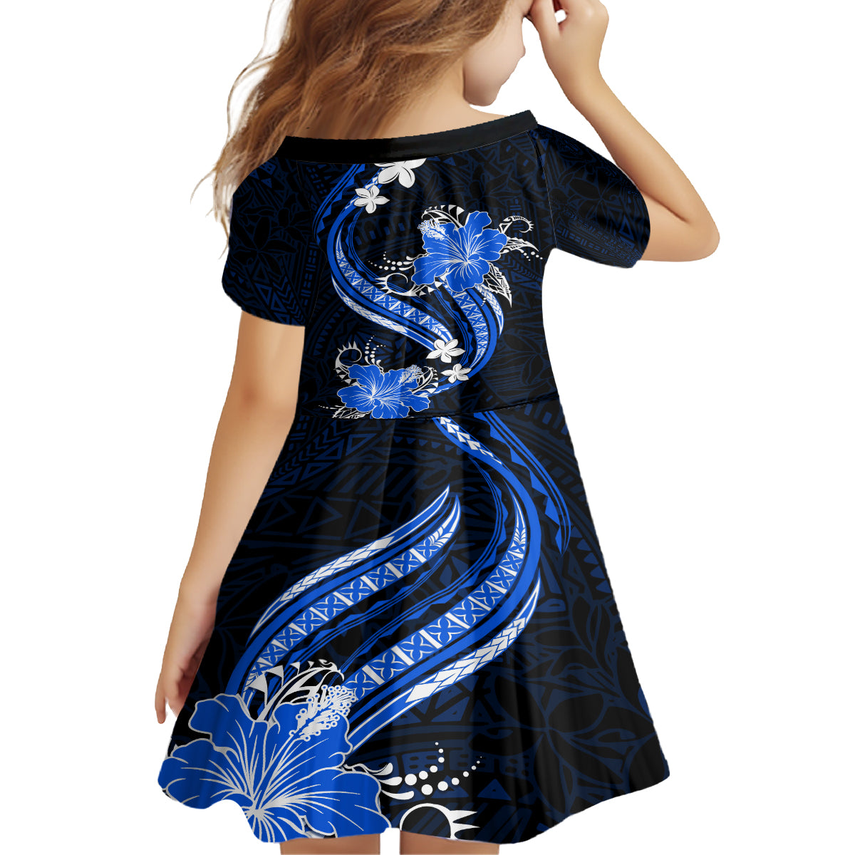 Blue Polynesian Pattern With Tropical Flowers Family Matching Off Shoulder Long Sleeve Dress and Hawaiian Shirt LT05 - Polynesian Pride