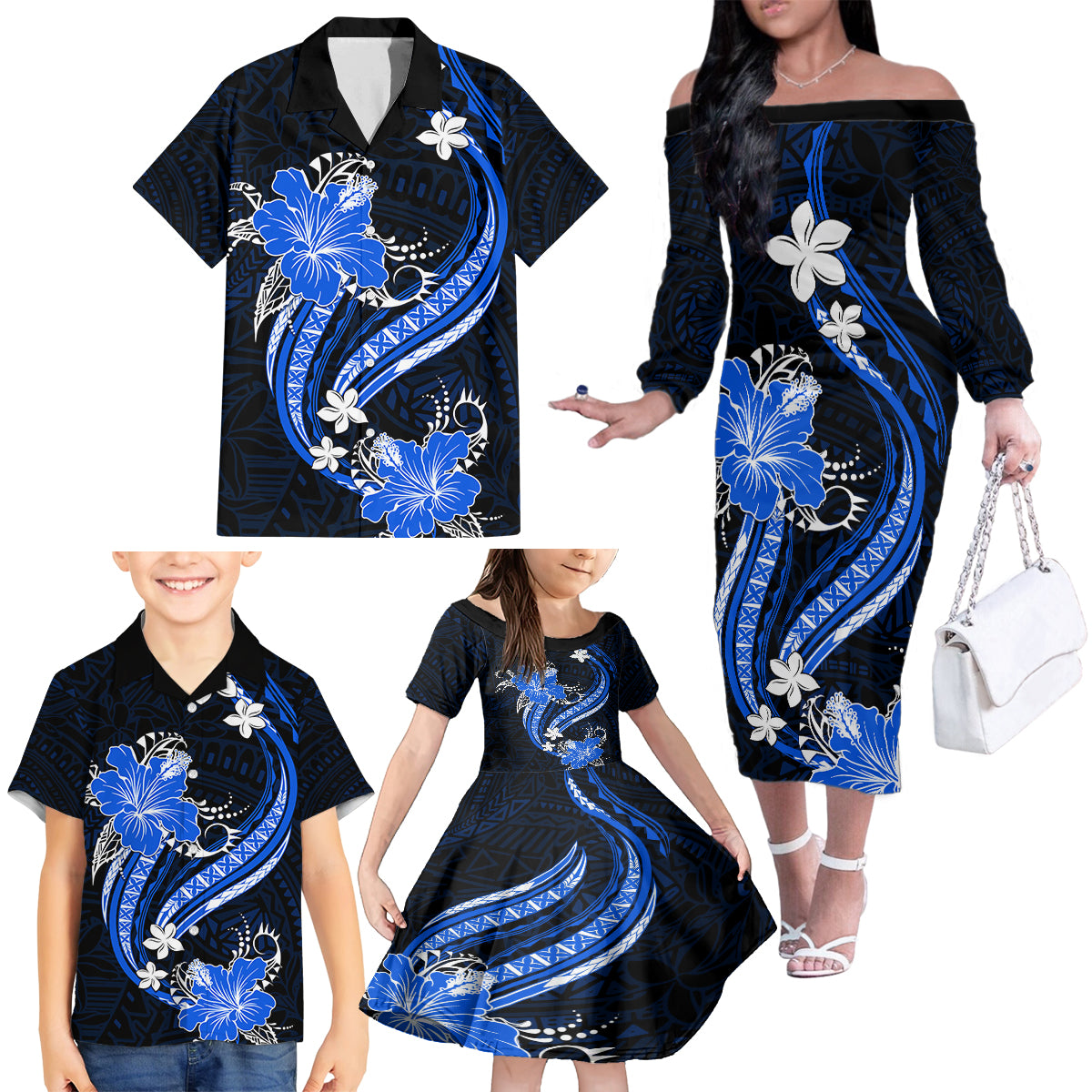 Blue Polynesian Pattern With Tropical Flowers Family Matching Off Shoulder Long Sleeve Dress and Hawaiian Shirt LT05 - Polynesian Pride