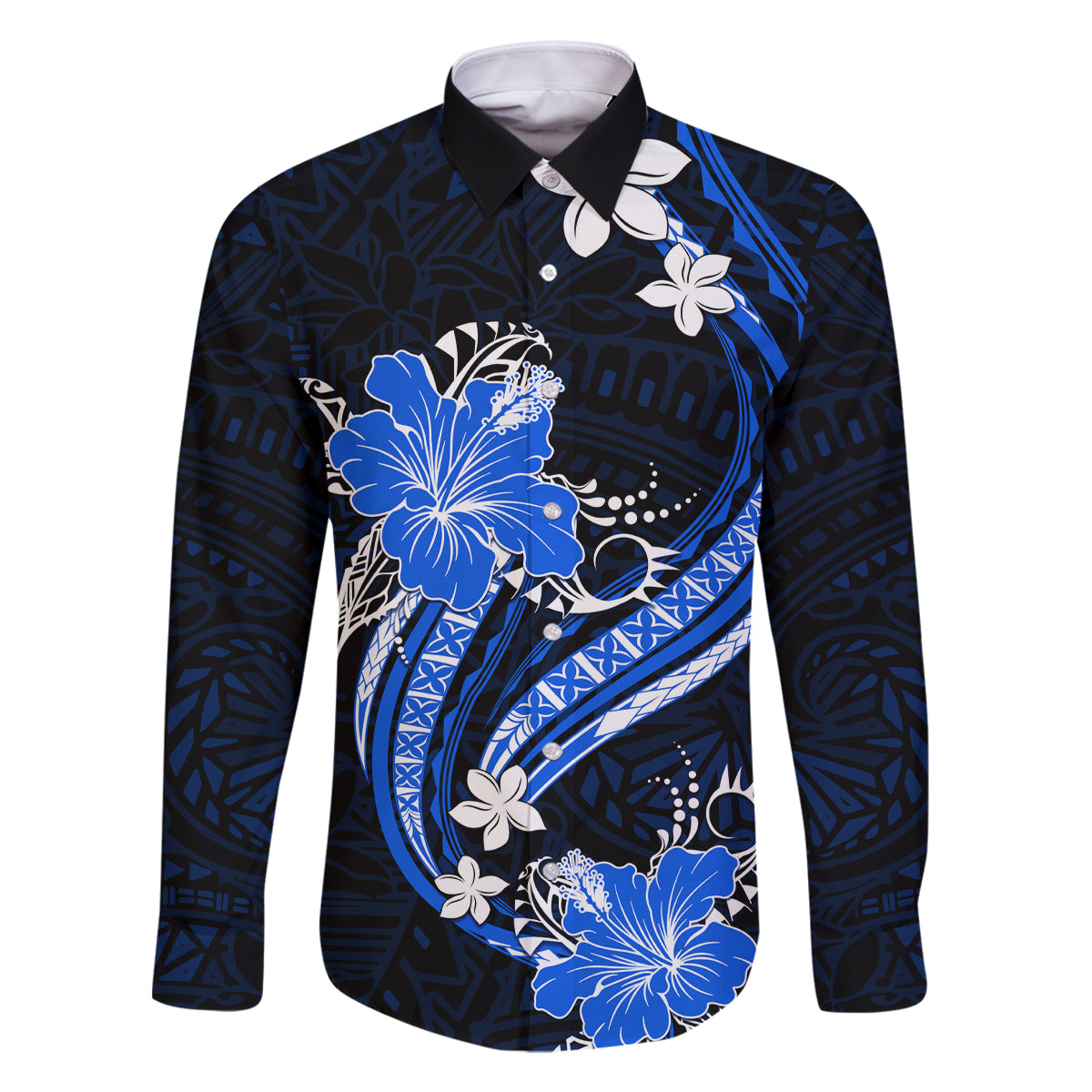 Blue Polynesian Pattern With Tropical Flowers Family Matching Off Shoulder Long Sleeve Dress and Hawaiian Shirt LT05 Dad's Shirt - Long Sleeve Blue - Polynesian Pride