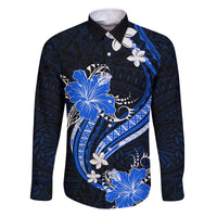 Blue Polynesian Pattern With Tropical Flowers Family Matching Off Shoulder Long Sleeve Dress and Hawaiian Shirt LT05 Dad's Shirt - Long Sleeve Blue - Polynesian Pride