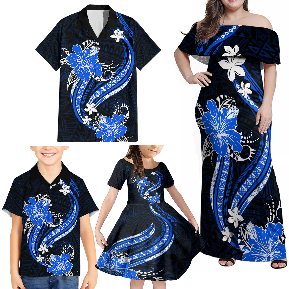 Blue Polynesian Pattern With Tropical Flowers Family Matching Off Shoulder Maxi Dress and Hawaiian Shirt LT05 - Polynesian Pride