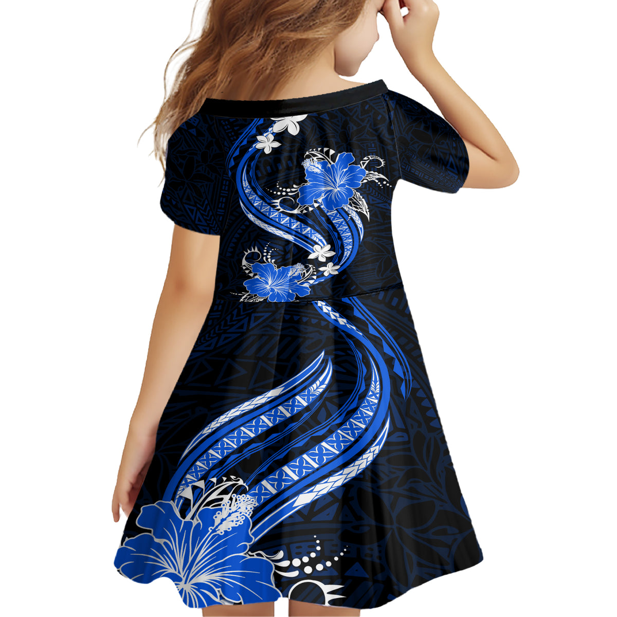 Blue Polynesian Pattern With Tropical Flowers Family Matching Short Sleeve Bodycon Dress and Hawaiian Shirt LT05 - Polynesian Pride
