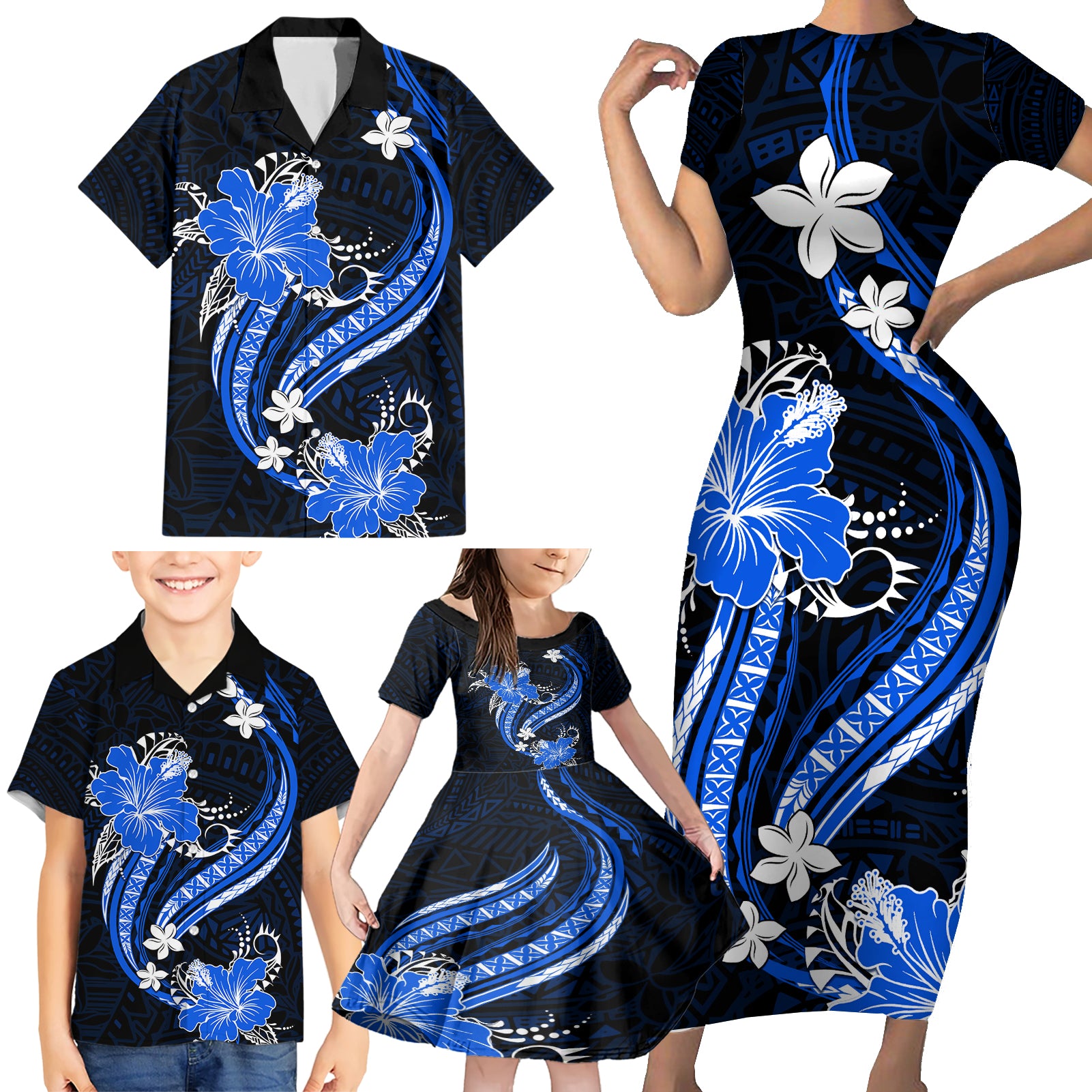 Blue Polynesian Pattern With Tropical Flowers Family Matching Short Sleeve Bodycon Dress and Hawaiian Shirt LT05 - Polynesian Pride