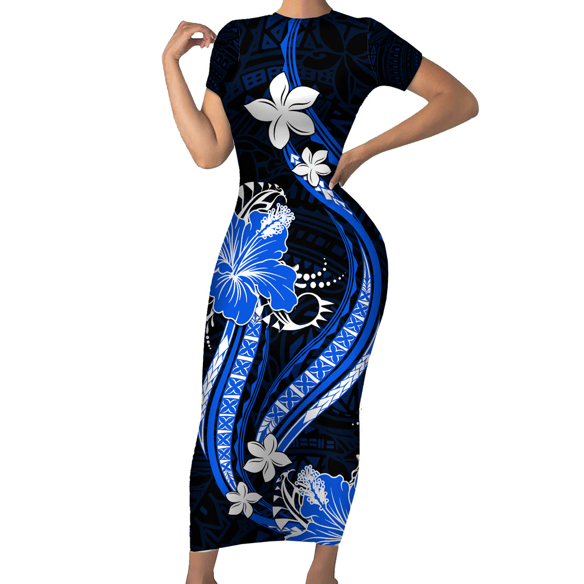 Blue Polynesian Pattern With Tropical Flowers Family Matching Short Sleeve Bodycon Dress and Hawaiian Shirt LT05 Mom's Dress Blue - Polynesian Pride