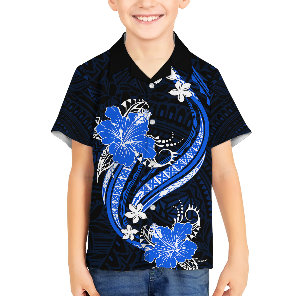 Blue Polynesian Pattern With Tropical Flowers Family Matching Tank Maxi Dress and Hawaiian Shirt LT05 Son's Shirt Blue - Polynesian Pride
