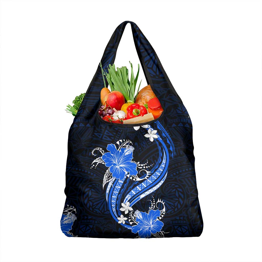 Blue Polynesian Pattern With Tropical Flowers Grocery Bag