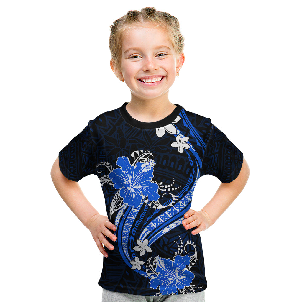 Blue Polynesian Pattern With Tropical Flowers Kid T Shirt LT05 Blue - Polynesian Pride