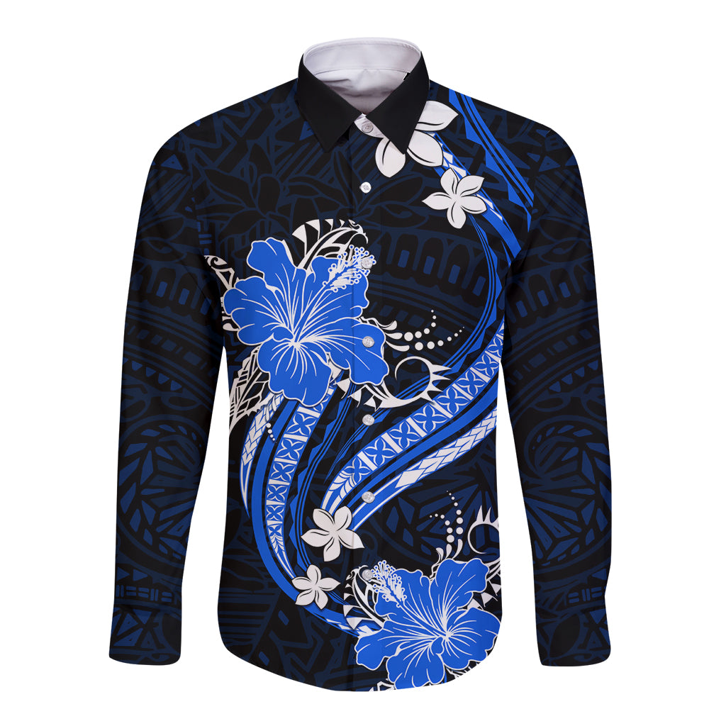 Blue Polynesian Pattern With Tropical Flowers Long Sleeve Button Shirt LT05 Unisex Blue - Polynesian Pride