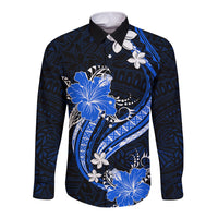 Blue Polynesian Pattern With Tropical Flowers Long Sleeve Button Shirt LT05 Unisex Blue - Polynesian Pride