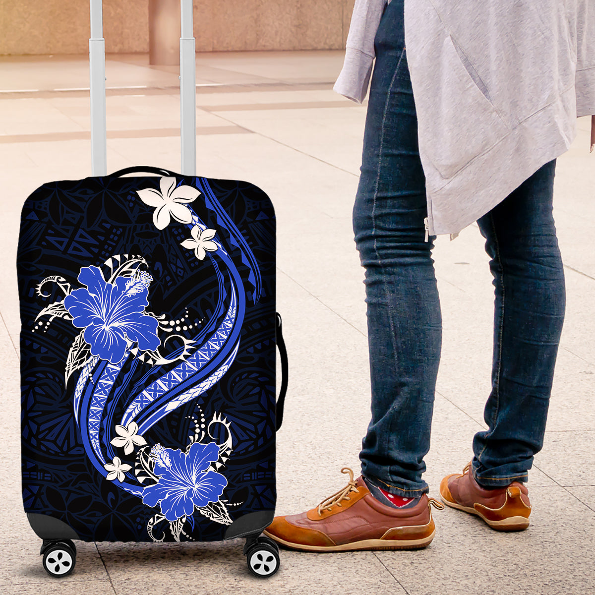 Blue Polynesian Pattern With Tropical Flowers Luggage Cover LT05 Blue - Polynesian Pride
