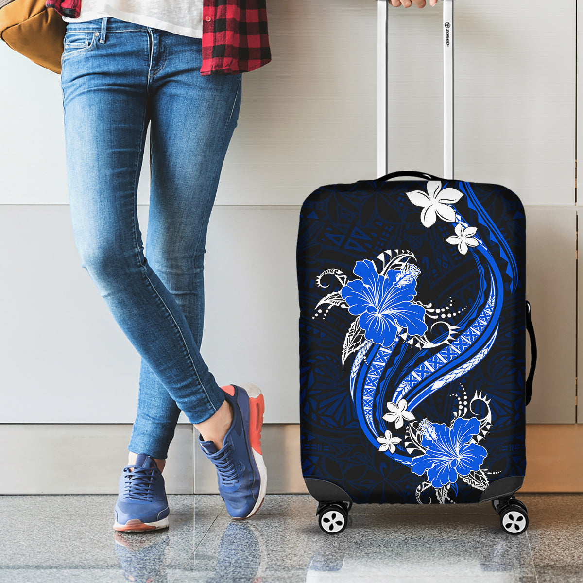 Blue Polynesian Pattern With Tropical Flowers Luggage Cover LT05 - Polynesian Pride