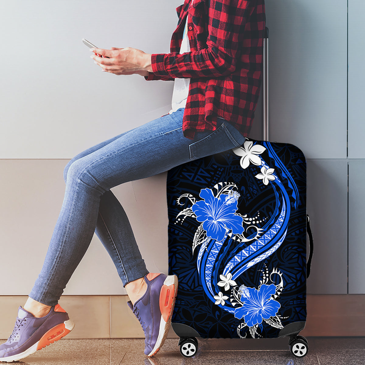 Blue Polynesian Pattern With Tropical Flowers Luggage Cover LT05 - Polynesian Pride