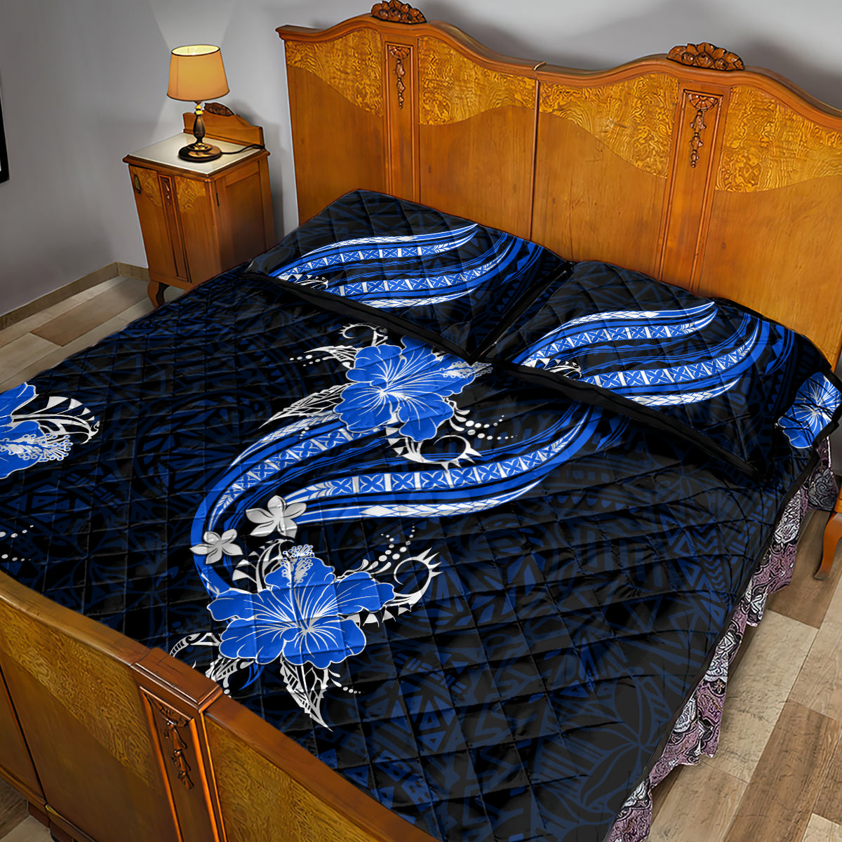 Blue Polynesian Pattern With Tropical Flowers Quilt Bed Set LT05 - Polynesian Pride