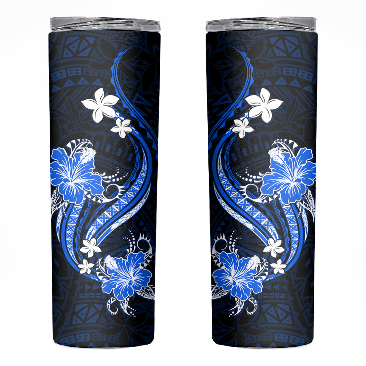 Blue Polynesian Pattern With Tropical Flowers Skinny Tumbler