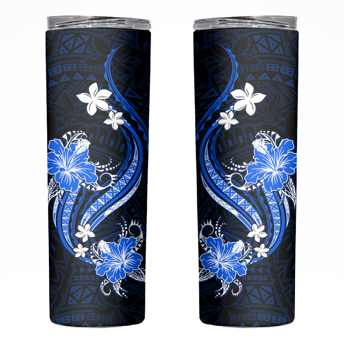 Blue Polynesian Pattern With Tropical Flowers Skinny Tumbler