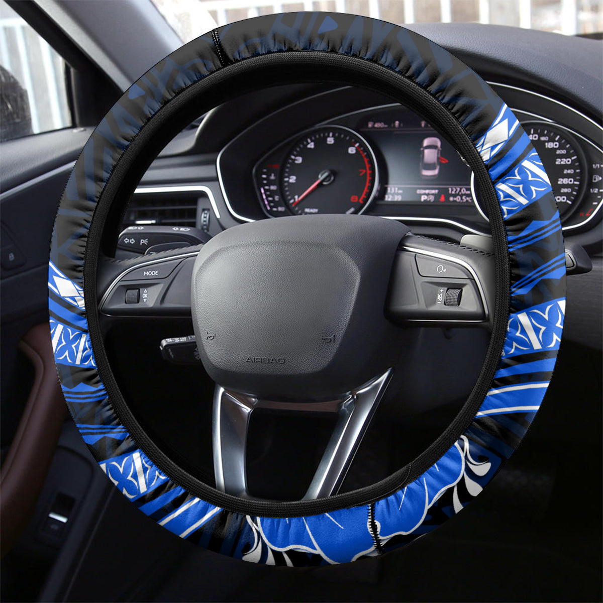 Blue Polynesian Pattern With Tropical Flowers Steering Wheel Cover LT05 - Polynesian Pride