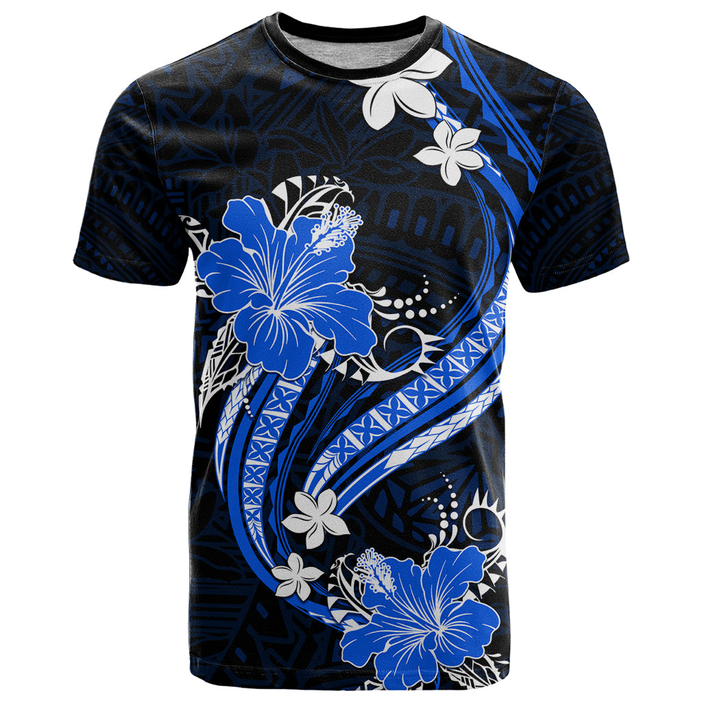 Blue Polynesian Pattern With Tropical Flowers T Shirt LT05 Blue - Polynesian Pride
