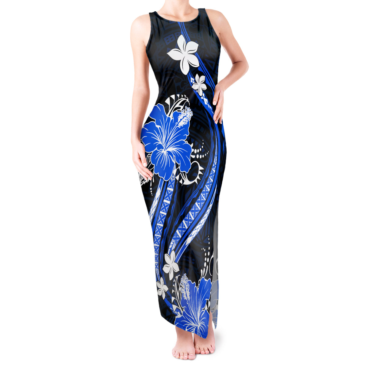 Blue Polynesian Pattern With Tropical Flowers Tank Maxi Dress LT05 Women Blue - Polynesian Pride