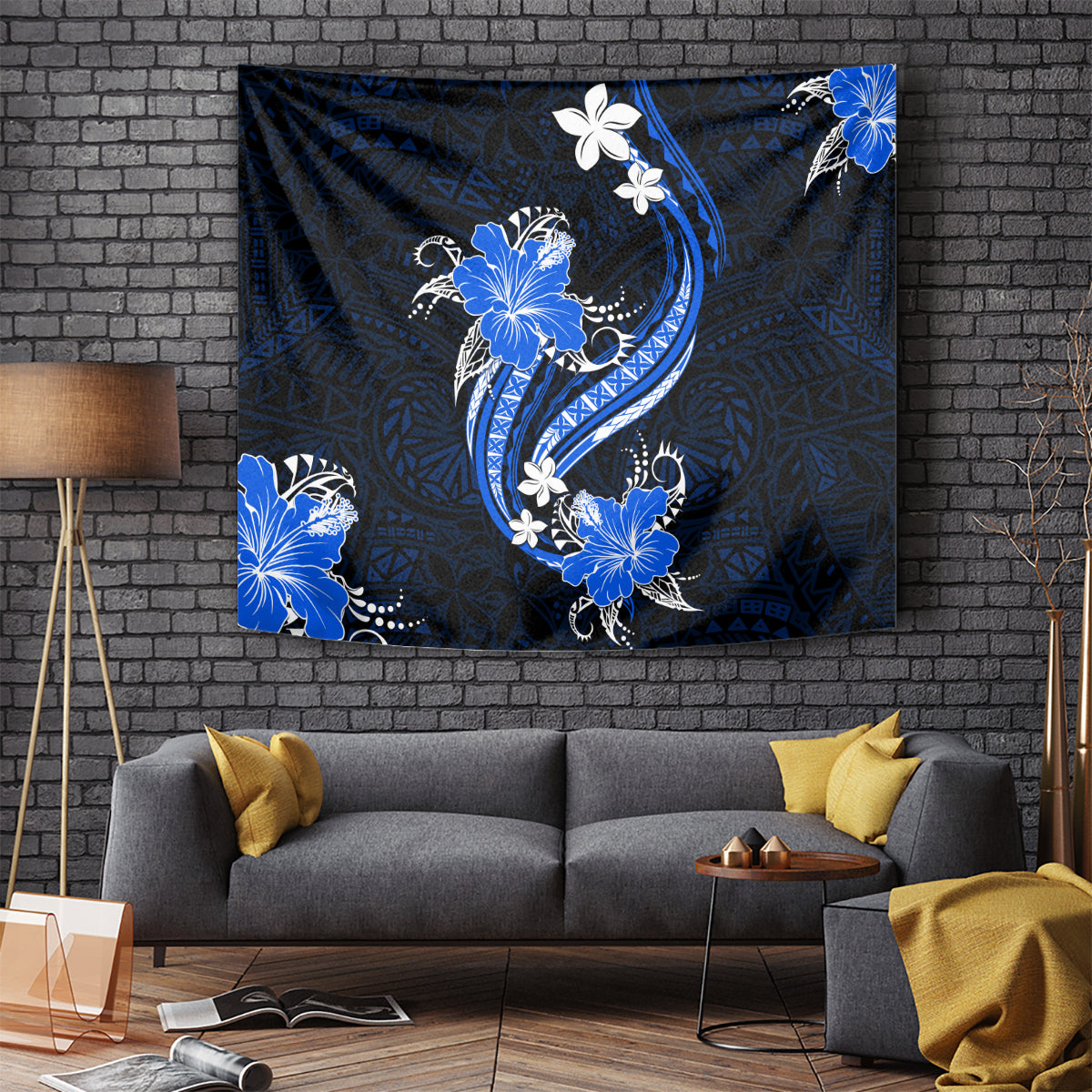 Blue Polynesian Pattern With Tropical Flowers Tapestry LT05 Blue - Polynesian Pride