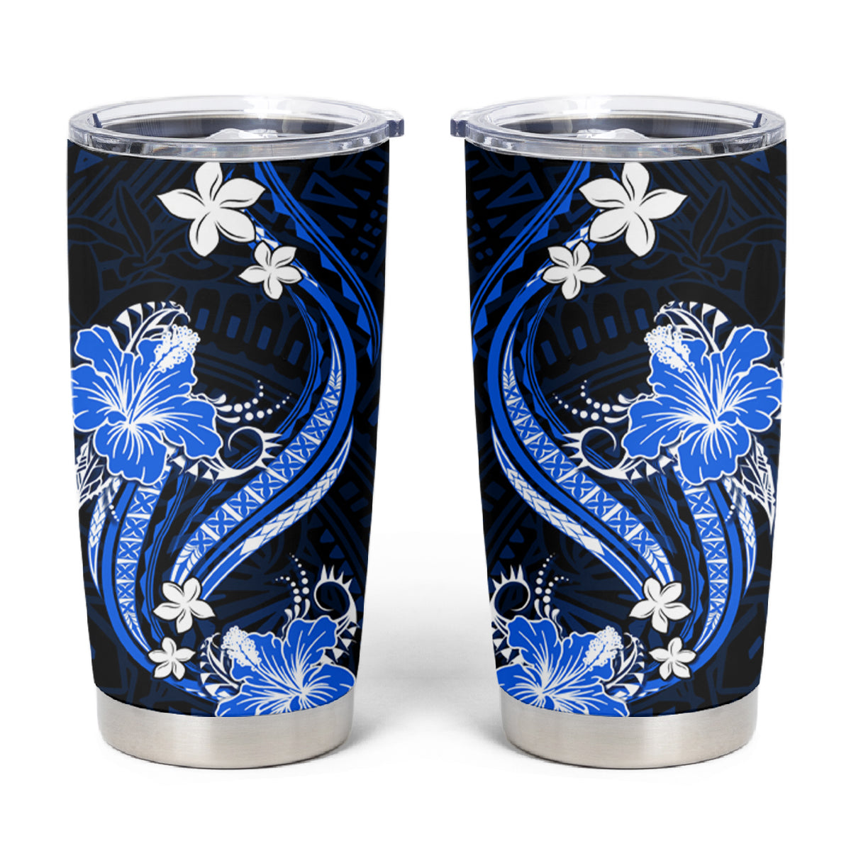 Blue Polynesian Pattern With Tropical Flowers Tumbler Cup