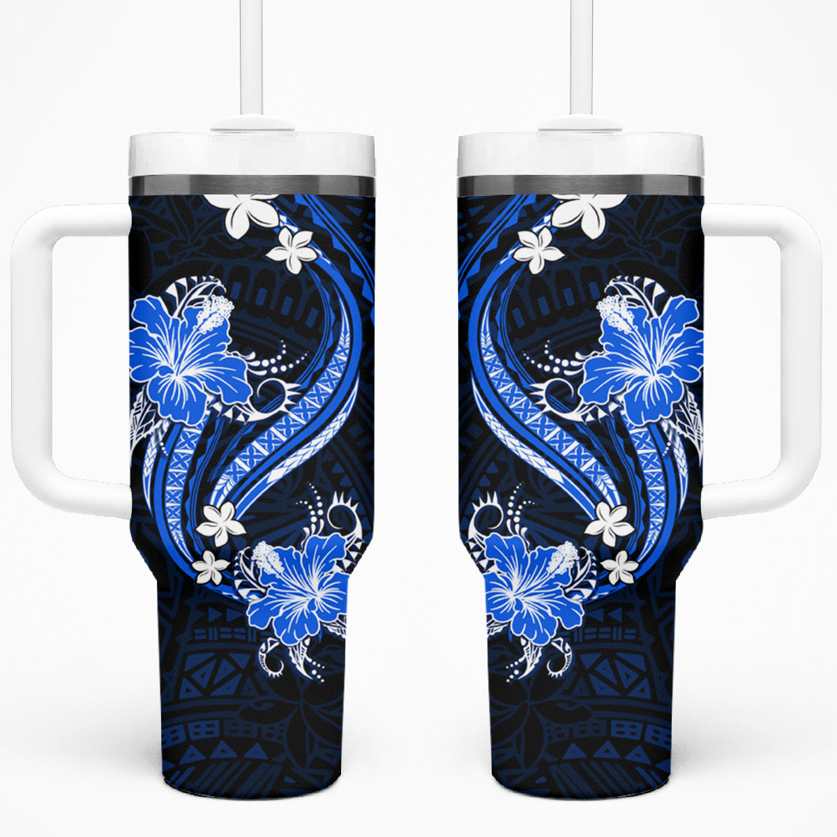 Blue Polynesian Pattern With Tropical Flowers Tumbler With Handle