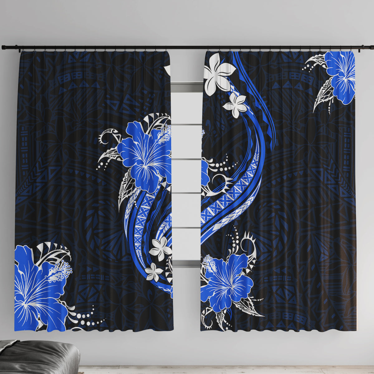 Blue Polynesian Pattern With Tropical Flowers Window Curtain LT05 With Hooks Blue - Polynesian Pride