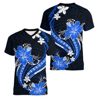 Blue Polynesian Pattern With Tropical Flowers Women V Neck T Shirt LT05 - Polynesian Pride
