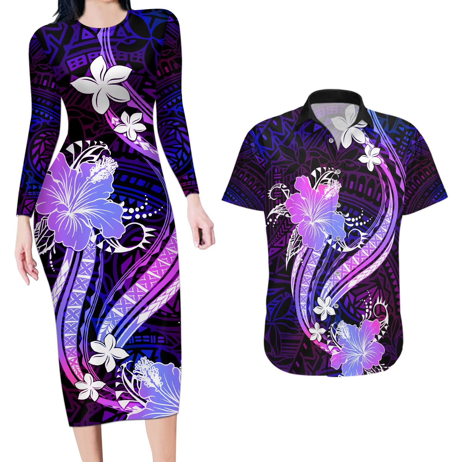 Galaxy Polynesian Pattern With Tropical Flowers Couples Matching Long Sleeve Bodycon Dress and Hawaiian Shirt LT05 Galaxy - Polynesian Pride